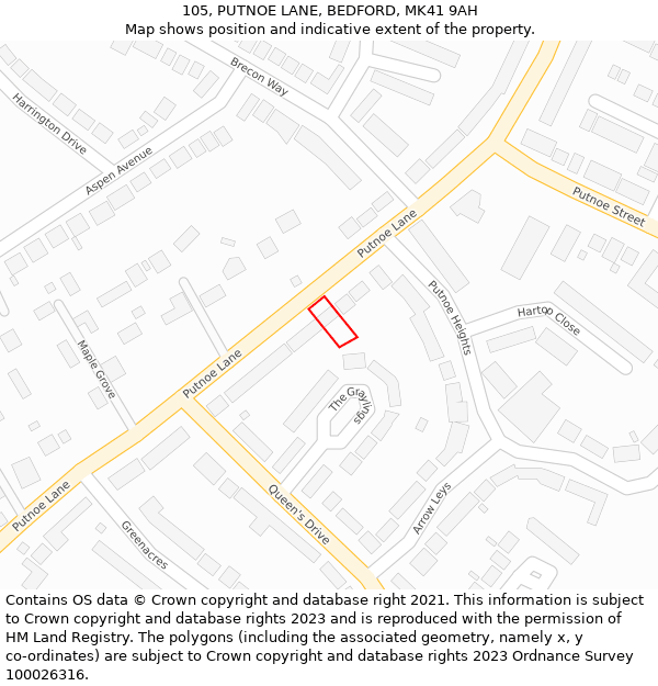 105, PUTNOE LANE, BEDFORD, MK41 9AH: Location map and indicative extent of plot