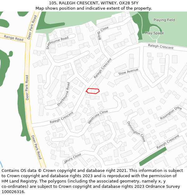 105, RALEGH CRESCENT, WITNEY, OX28 5FY: Location map and indicative extent of plot