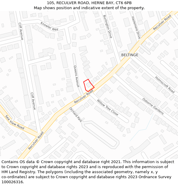 105, RECULVER ROAD, HERNE BAY, CT6 6PB: Location map and indicative extent of plot