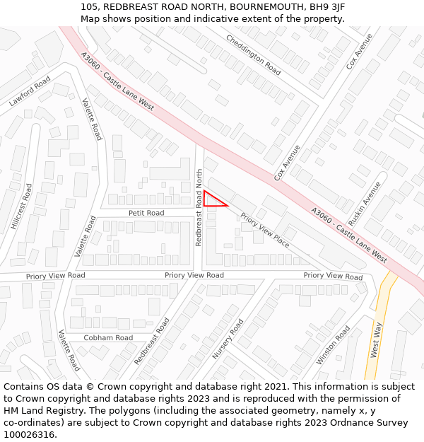 105, REDBREAST ROAD NORTH, BOURNEMOUTH, BH9 3JF: Location map and indicative extent of plot