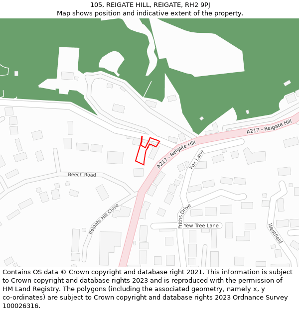 105, REIGATE HILL, REIGATE, RH2 9PJ: Location map and indicative extent of plot