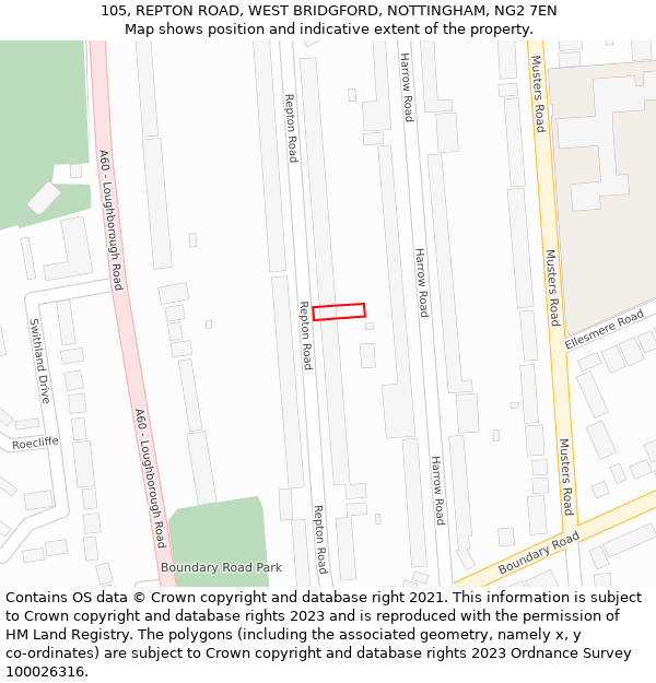105, REPTON ROAD, WEST BRIDGFORD, NOTTINGHAM, NG2 7EN: Location map and indicative extent of plot
