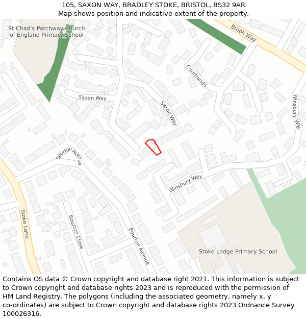 105, SAXON WAY, BRADLEY STOKE, BRISTOL, BS32 9AR: Location map and indicative extent of plot