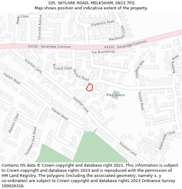 105, SKYLARK ROAD, MELKSHAM, SN12 7FQ: Location map and indicative extent of plot