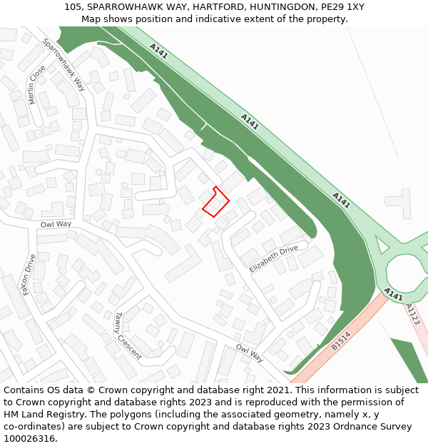 105, SPARROWHAWK WAY, HARTFORD, HUNTINGDON, PE29 1XY: Location map and indicative extent of plot