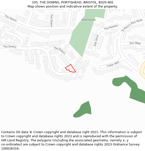 105, THE DOWNS, PORTISHEAD, BRISTOL, BS20 6EE: Location map and indicative extent of plot