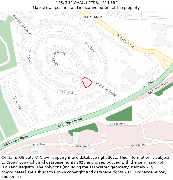 105, THE OVAL, LEEDS, LS14 6BE: Location map and indicative extent of plot
