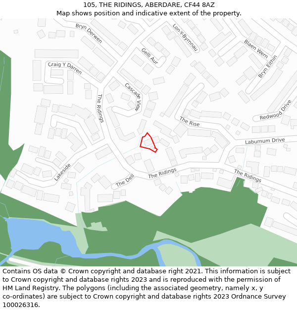 105, THE RIDINGS, ABERDARE, CF44 8AZ: Location map and indicative extent of plot