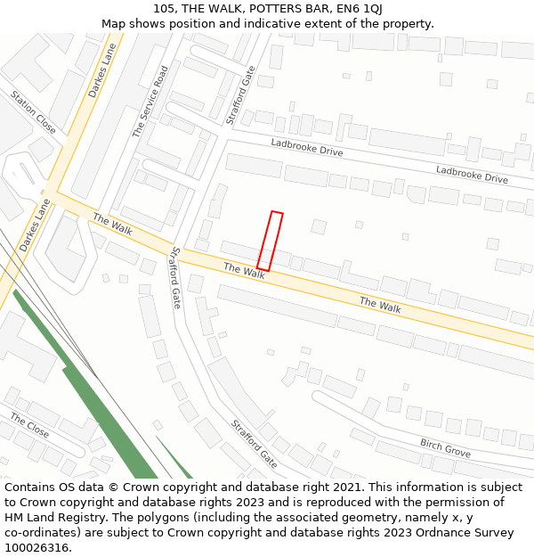 105, THE WALK, POTTERS BAR, EN6 1QJ: Location map and indicative extent of plot