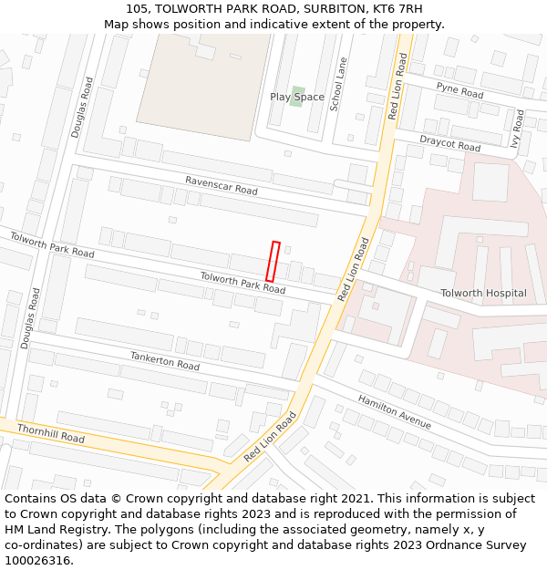 105, TOLWORTH PARK ROAD, SURBITON, KT6 7RH: Location map and indicative extent of plot