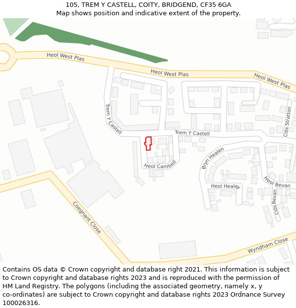 105, TREM Y CASTELL, COITY, BRIDGEND, CF35 6GA: Location map and indicative extent of plot