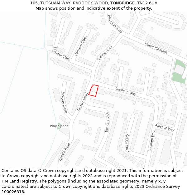 105, TUTSHAM WAY, PADDOCK WOOD, TONBRIDGE, TN12 6UA: Location map and indicative extent of plot