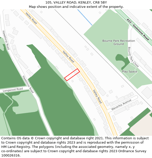105, VALLEY ROAD, KENLEY, CR8 5BY: Location map and indicative extent of plot