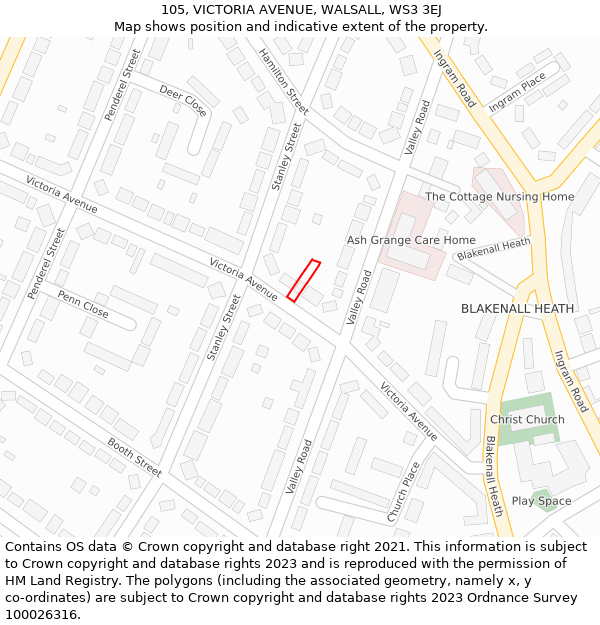 105, VICTORIA AVENUE, WALSALL, WS3 3EJ: Location map and indicative extent of plot
