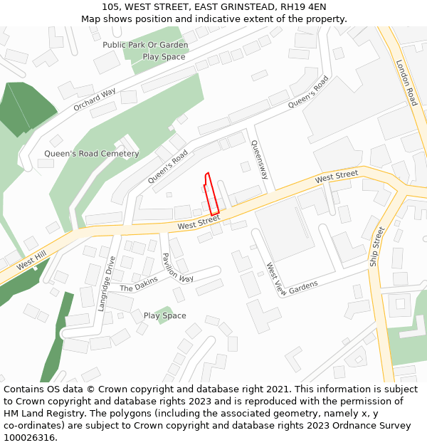 105, WEST STREET, EAST GRINSTEAD, RH19 4EN: Location map and indicative extent of plot