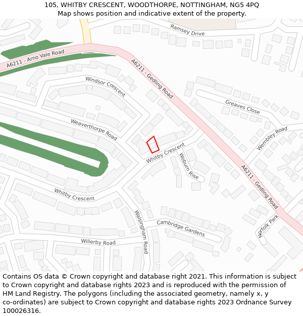 105, WHITBY CRESCENT, WOODTHORPE, NOTTINGHAM, NG5 4PQ: Location map and indicative extent of plot