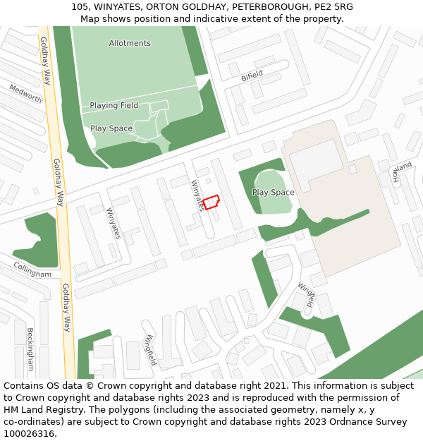105, WINYATES, ORTON GOLDHAY, PETERBOROUGH, PE2 5RG: Location map and indicative extent of plot