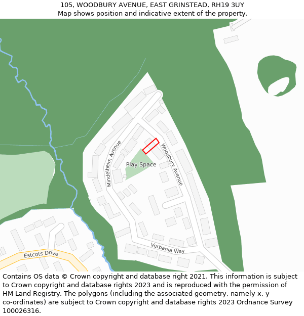 105, WOODBURY AVENUE, EAST GRINSTEAD, RH19 3UY: Location map and indicative extent of plot