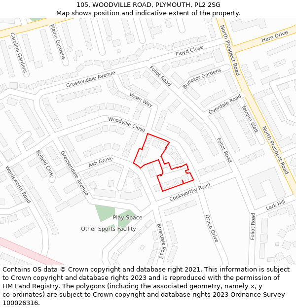 105, WOODVILLE ROAD, PLYMOUTH, PL2 2SG: Location map and indicative extent of plot