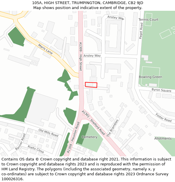 105A, HIGH STREET, TRUMPINGTON, CAMBRIDGE, CB2 9JD: Location map and indicative extent of plot