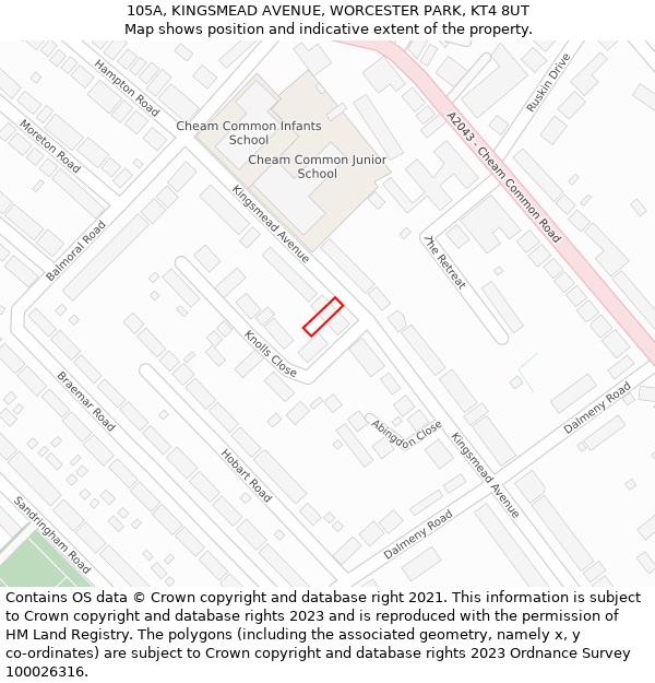 105A, KINGSMEAD AVENUE, WORCESTER PARK, KT4 8UT: Location map and indicative extent of plot