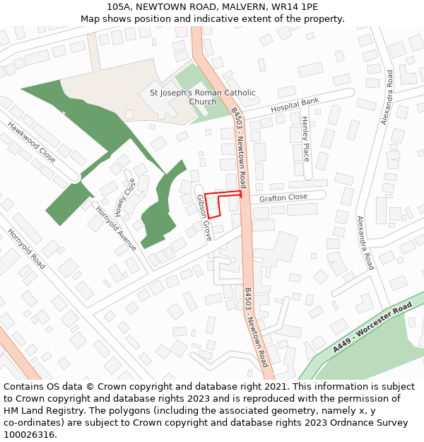 105A, NEWTOWN ROAD, MALVERN, WR14 1PE: Location map and indicative extent of plot