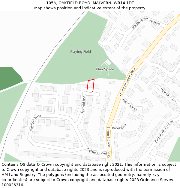 105A, OAKFIELD ROAD, MALVERN, WR14 1DT: Location map and indicative extent of plot