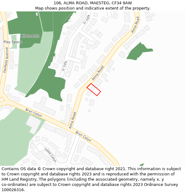 106, ALMA ROAD, MAESTEG, CF34 9AW: Location map and indicative extent of plot