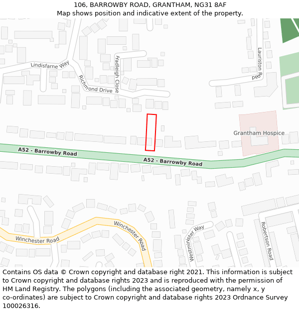 106, BARROWBY ROAD, GRANTHAM, NG31 8AF: Location map and indicative extent of plot