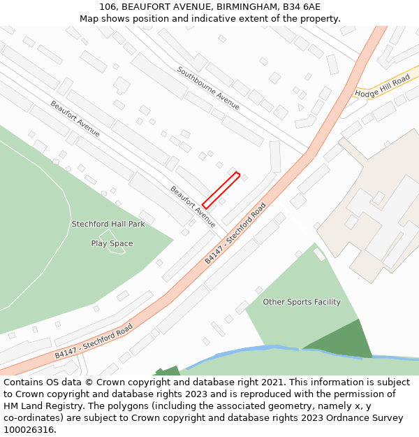 106, BEAUFORT AVENUE, BIRMINGHAM, B34 6AE: Location map and indicative extent of plot