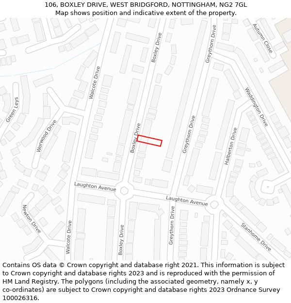 106, BOXLEY DRIVE, WEST BRIDGFORD, NOTTINGHAM, NG2 7GL: Location map and indicative extent of plot