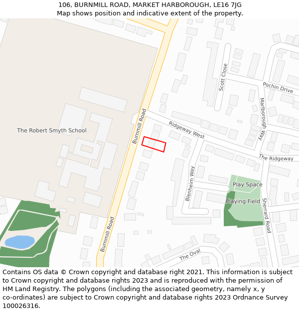 106, BURNMILL ROAD, MARKET HARBOROUGH, LE16 7JG: Location map and indicative extent of plot