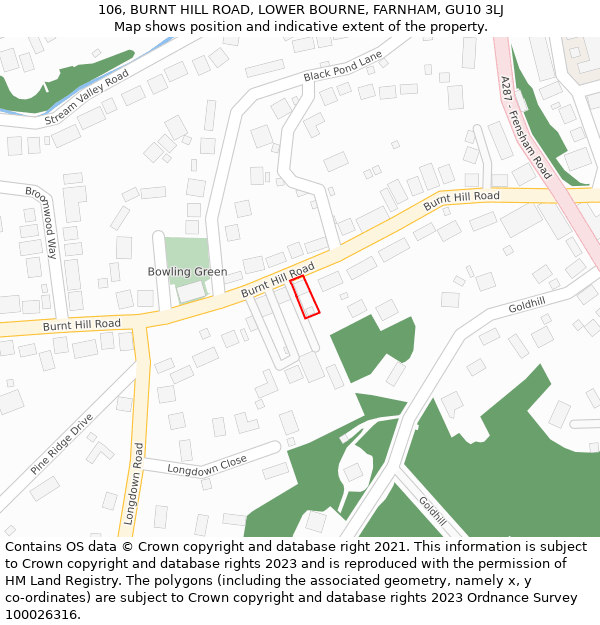 106, BURNT HILL ROAD, LOWER BOURNE, FARNHAM, GU10 3LJ: Location map and indicative extent of plot