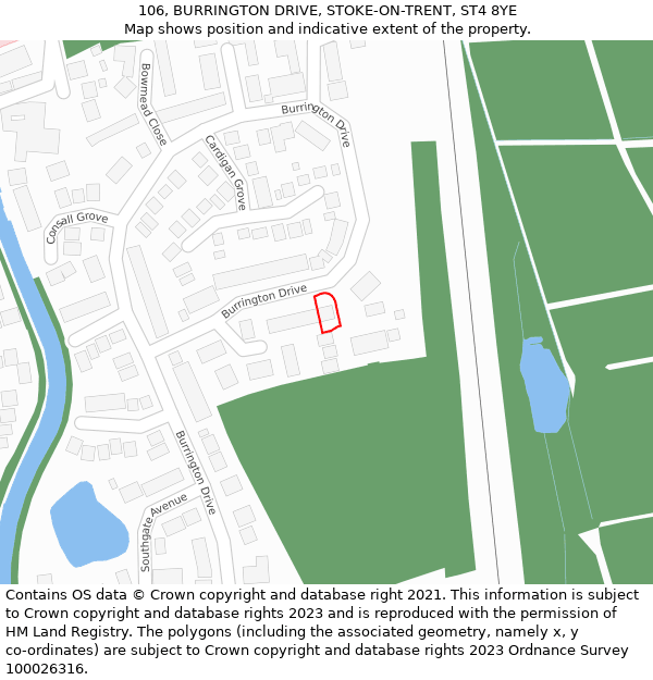 106, BURRINGTON DRIVE, STOKE-ON-TRENT, ST4 8YE: Location map and indicative extent of plot