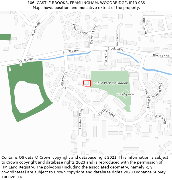 106, CASTLE BROOKS, FRAMLINGHAM, WOODBRIDGE, IP13 9SS: Location map and indicative extent of plot