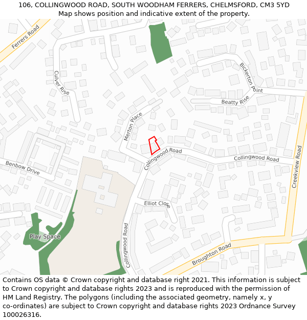 106, COLLINGWOOD ROAD, SOUTH WOODHAM FERRERS, CHELMSFORD, CM3 5YD: Location map and indicative extent of plot