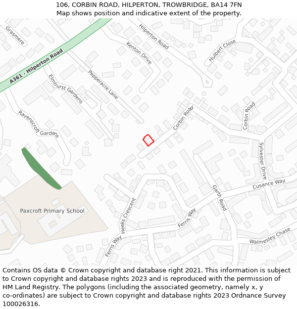 106, CORBIN ROAD, HILPERTON, TROWBRIDGE, BA14 7FN: Location map and indicative extent of plot