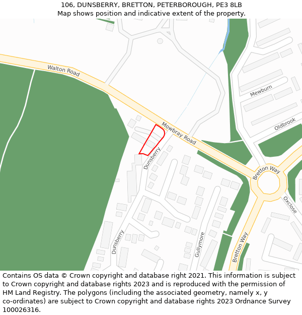 106, DUNSBERRY, BRETTON, PETERBOROUGH, PE3 8LB: Location map and indicative extent of plot