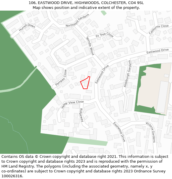 106, EASTWOOD DRIVE, HIGHWOODS, COLCHESTER, CO4 9SL: Location map and indicative extent of plot