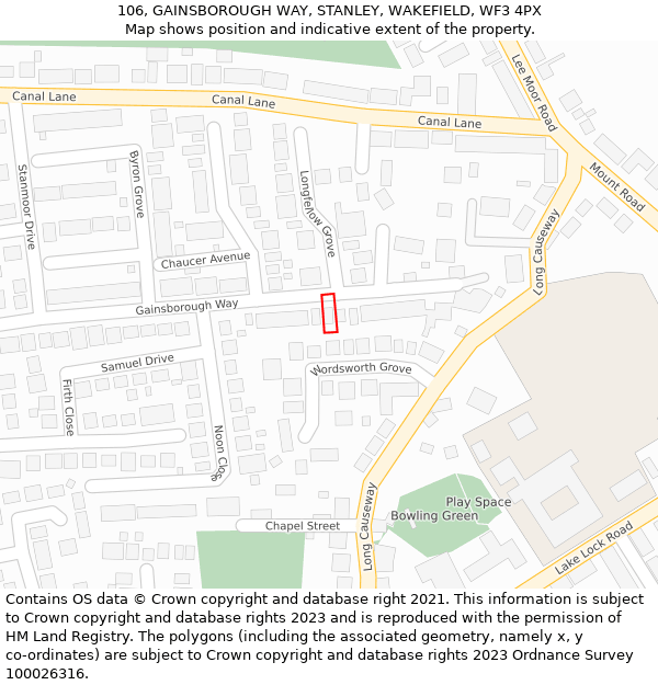 106, GAINSBOROUGH WAY, STANLEY, WAKEFIELD, WF3 4PX: Location map and indicative extent of plot