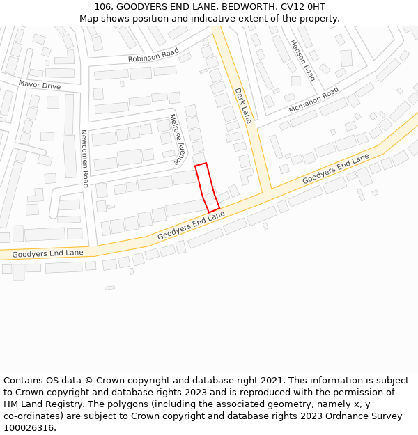 106, GOODYERS END LANE, BEDWORTH, CV12 0HT: Location map and indicative extent of plot