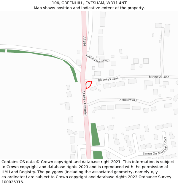 106, GREENHILL, EVESHAM, WR11 4NT: Location map and indicative extent of plot
