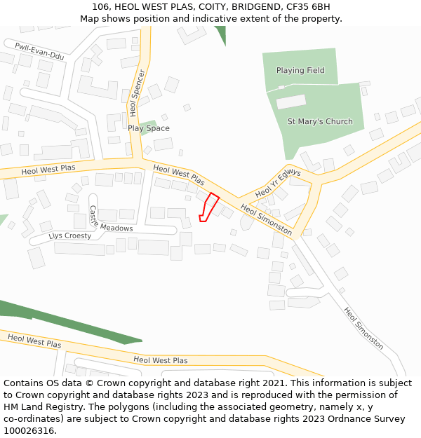 106, HEOL WEST PLAS, COITY, BRIDGEND, CF35 6BH: Location map and indicative extent of plot