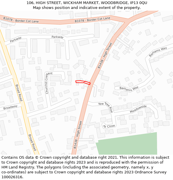 106, HIGH STREET, WICKHAM MARKET, WOODBRIDGE, IP13 0QU: Location map and indicative extent of plot