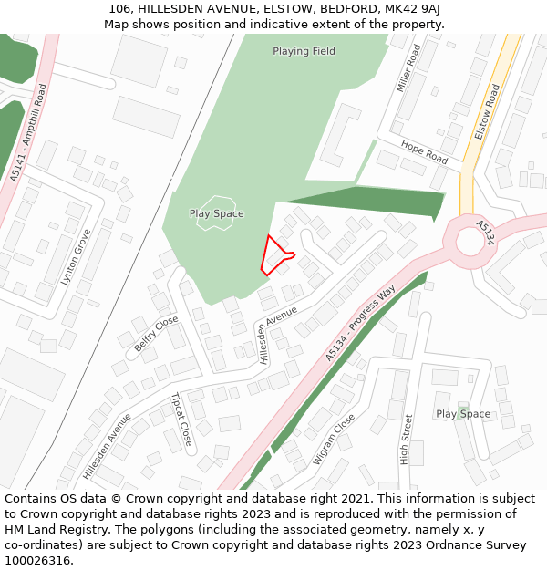 106, HILLESDEN AVENUE, ELSTOW, BEDFORD, MK42 9AJ: Location map and indicative extent of plot