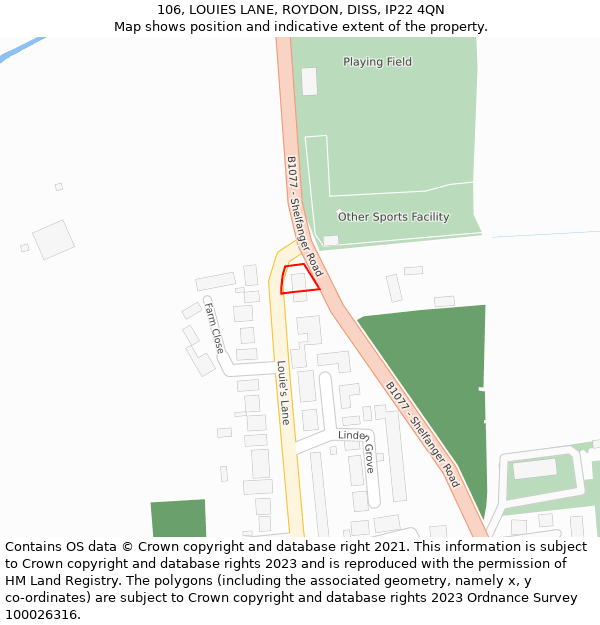 106, LOUIES LANE, ROYDON, DISS, IP22 4QN: Location map and indicative extent of plot