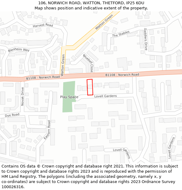 106, NORWICH ROAD, WATTON, THETFORD, IP25 6DU: Location map and indicative extent of plot