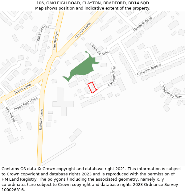 106, OAKLEIGH ROAD, CLAYTON, BRADFORD, BD14 6QD: Location map and indicative extent of plot