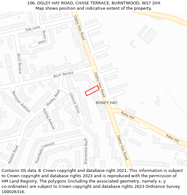 106, OGLEY HAY ROAD, CHASE TERRACE, BURNTWOOD, WS7 2HX: Location map and indicative extent of plot