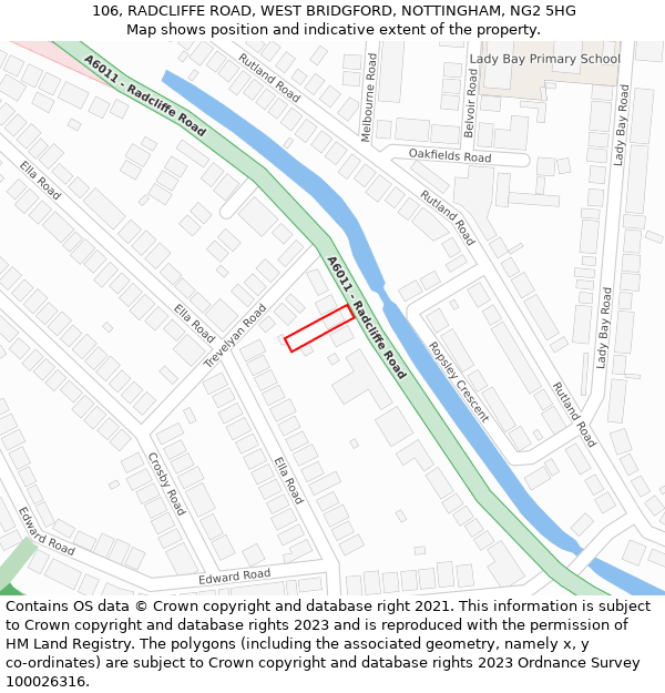 106, RADCLIFFE ROAD, WEST BRIDGFORD, NOTTINGHAM, NG2 5HG: Location map and indicative extent of plot